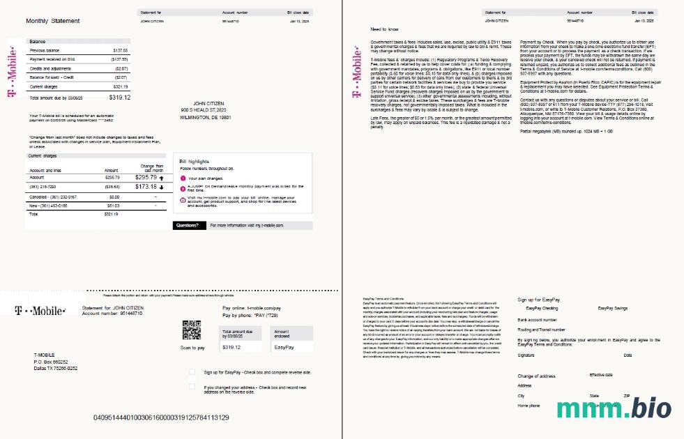 USA T-mobile rachunek za media szablon w formacie Word i PDF, 2 strony, Wersja 2